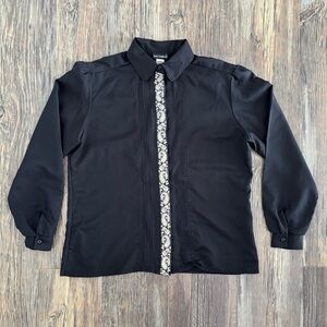 Vtg Ann Chabrol Button-Up L/S Shirt Sz 14 Black Gold Paisley Trim Hidden Placket